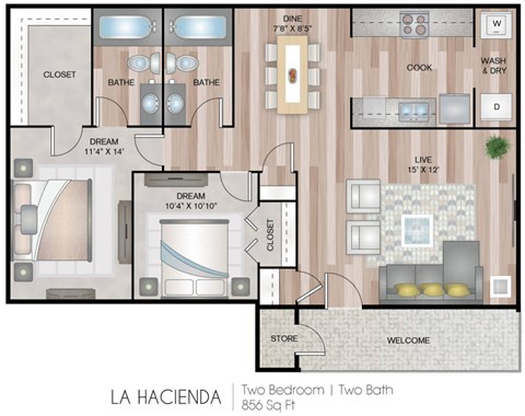 A floor plan of a two bedroom, two bath apartment.